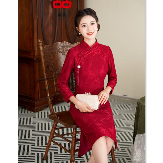 GX新娘红装中长七分袖旗袍2025秋冬新款喜妈妈婚宴回娘家旗袍连衣裙 商品图3