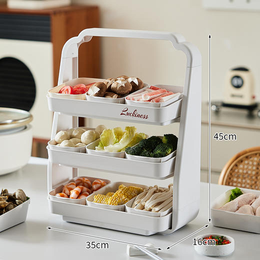 🥳【多功能沥水火锅备菜托盘置物架】🤩不得不说，真的是我今年发现的厨房小确幸！！！开放式设计，食材一目了然。切好直接放，肉素分开，不光看着更整洁了，还不会串味。 商品图4