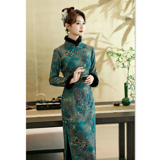 GX芊竹棉祥云提花长款加绒旗袍2025冬季新款复古国风大码旗袍 商品图0