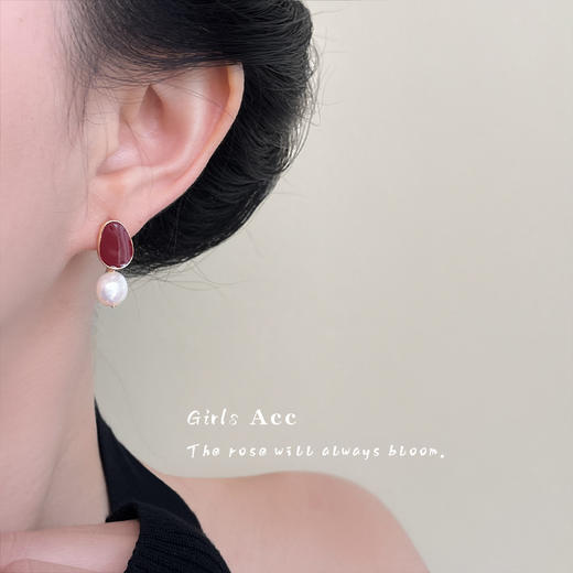 雀说 巴洛克淡水珍珠耳环女法式复古红色滴油耳环2361 商品图1