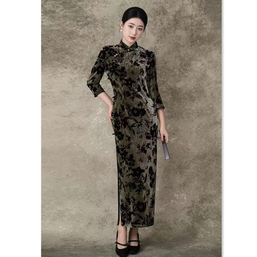 GX老上海复古中国风长款植绒七分袖旗袍2025冬季新款旗袍 商品图2