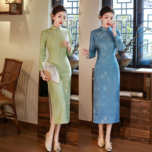 GX复古中国风提花加绒长款旗袍2025冬季新款宴会长袖旗袍 商品图0