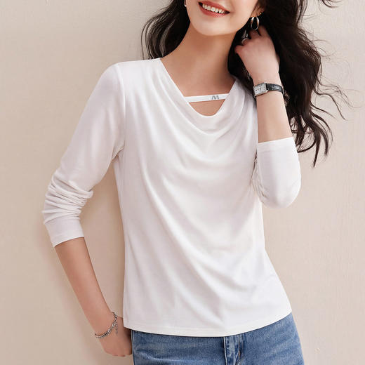 「自j」全新升级【铂金会员128/天猫169/差价41】(13754)洛诗琳气质设计感荡领T恤2026早春修身显瘦百搭打底上衣女 商品图1