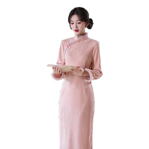 GX粉色旗袍2025新款中式冬季改良订婚裙加绒加厚茶服保暖国风旗袍裙 商品图4