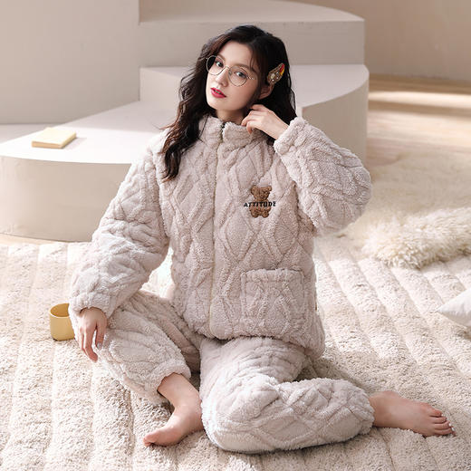 芬腾情侣睡衣冬季珊瑚绒夹棉袄三层加厚套装保暖抗静电男女家居服 商品图2