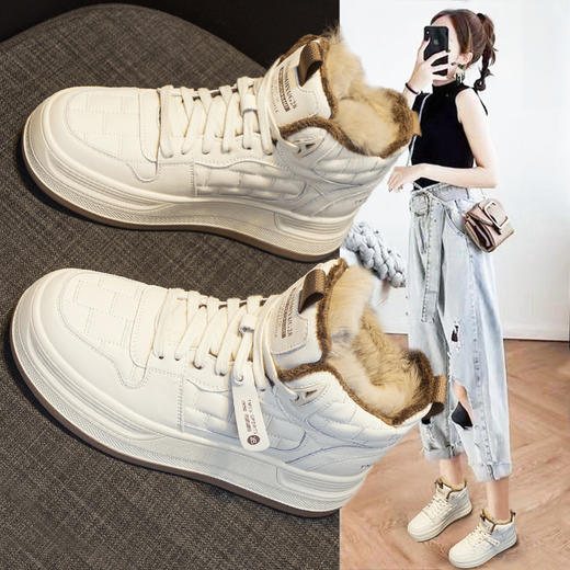 雀说 真皮运动高帮棉鞋加绒保暖休闲厚底板鞋9521 商品图2