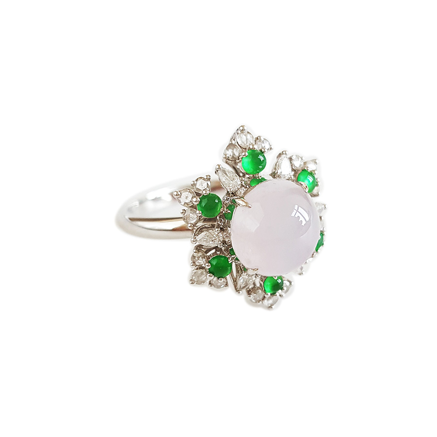 【天然正品】A货翡翠AU750收藏级白金镶钻镶天然细腻浅紫冰种蛋面翡翠吊坠戒指两用款 19.9*16.7*12.1MM（皆取最大值）19号（戒圈可改）201225XY01