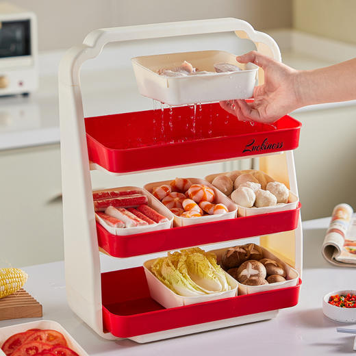 🥳【多功能沥水火锅备菜托盘置物架】🤩不得不说，真的是我今年发现的厨房小确幸！！！开放式设计，食材一目了然。切好直接放，肉素分开，不光看着更整洁了，还不会串味。 商品图3