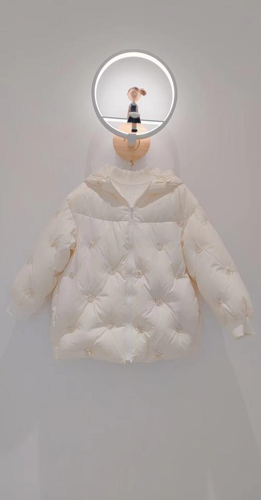 【春上新】8楼琳麦罗 LYNN&MILO 米色蕾丝拼接水母珠绣茧形连帽羽绒服 商品图4