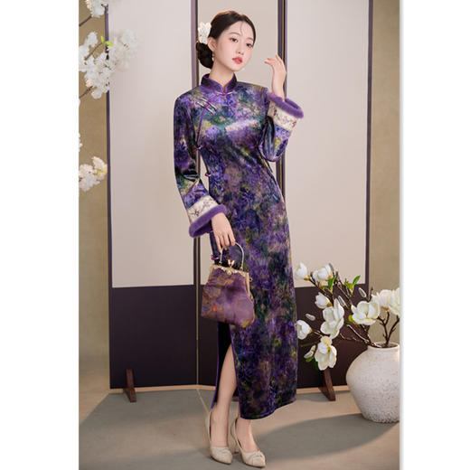 GX提花加绒长款倒大袖旗袍2025冬季新款时尚改良旗袍 商品图3