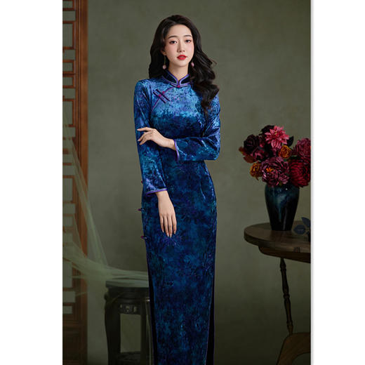 GX老上海复古中国风长款丝绒加绒旗袍2025冬新款长袖旗袍 商品图0