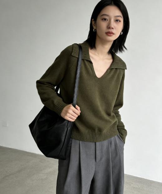 克什米尔绿V领毛衣，Polo领+V字挖空的组合，显高显瘦，温柔又慵懒气质 商品图2