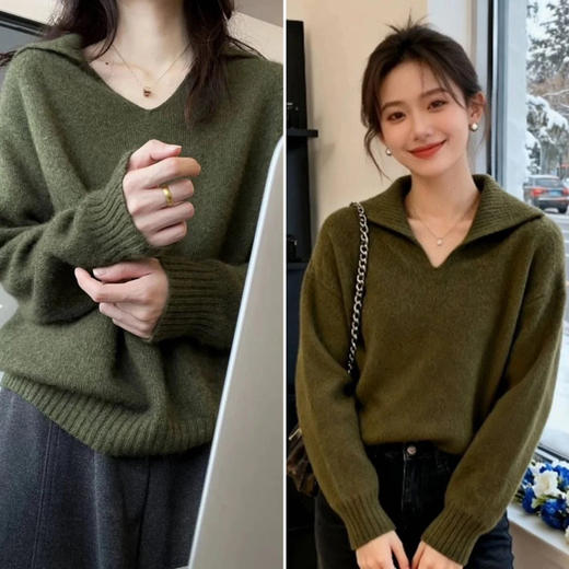直发【JS3699142】 显白苔藓绿 V翻领针织毛衣 浓郁复古衬肤色 商品图0
