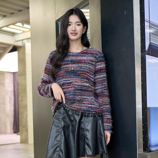 奢姿大码女装2025冬季时尚彩条流苏边针织衫胖妹妹气质减龄上衣9954235249 商品图0