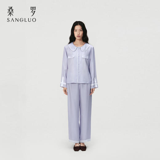 藤萝紫』桑罗撞色娃娃领睡衣套装桑蚕丝女长袖家居服外穿 商品图4