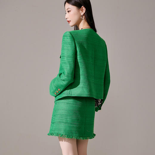 剩M 芳外优雅绿色小香风套装 单排扣短外套+流苏半裙两件套女1656 商品图5