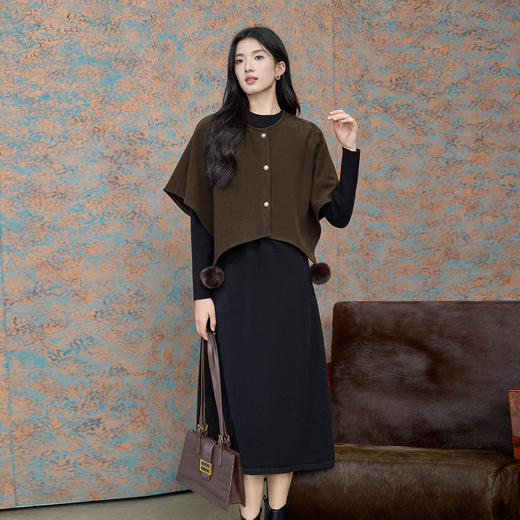 奢姿大码女装复古风斗篷连衣裙两件套胖妹妹遮肉套装秋冬中长裙9954953932AB 商品图1