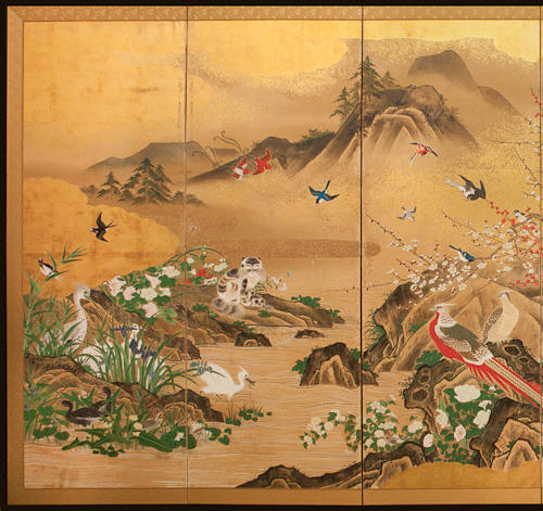 独角鹿西洋古董19世纪初日本江户时期出品狩野派风格「旭日花鸟走兽」主题金地纸本设色六曲屏风 商品图1