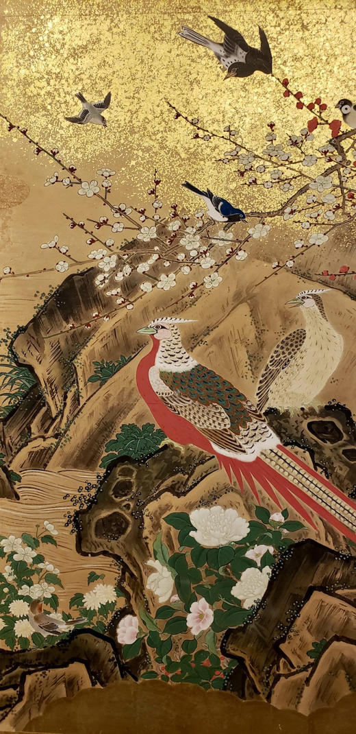 独角鹿西洋古董19世纪初日本江户时期出品狩野派风格「旭日花鸟走兽」主题金地纸本设色六曲屏风 商品图10