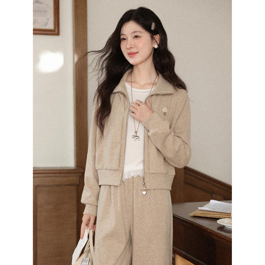 鹿向南「循迹闲暇」燕麦色拉链卫衣阔腿休闲裤女秋冬季保暖两件套 商品图3