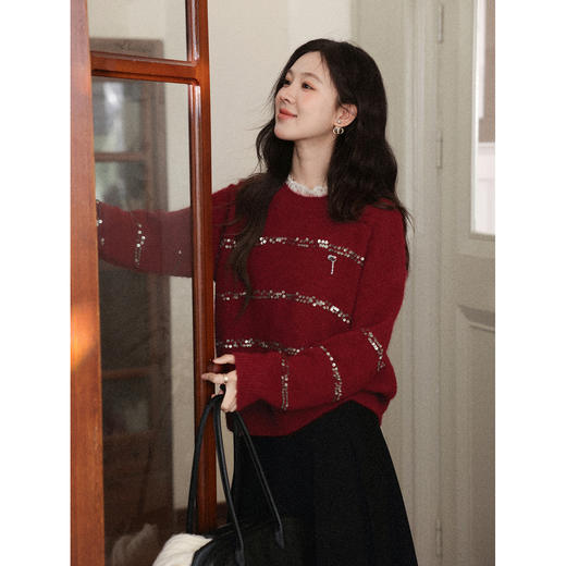 鹿向南「微醺甜茶」红色圆领长袖针织毛衣女冬季小众宽松叠穿上衣 商品图2