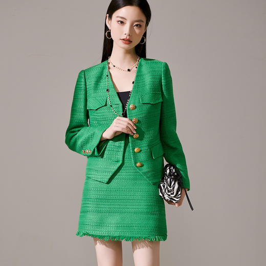 剩M 芳外优雅绿色小香风套装 单排扣短外套+流苏半裙两件套女1656 商品图0