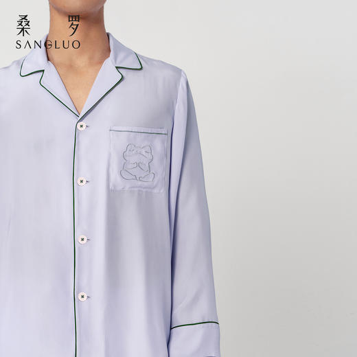 许愿蛙』桑罗撞色翻领睡衣套装桑蚕丝男长袖家居服可外穿 商品图2