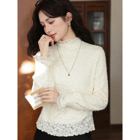 鹿向南「雪顶泡芙」法式杏色内搭花边半高领蕾丝衫女冬打底衫上衣