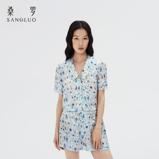 法式V领』桑罗泡泡袖睡衣桑蚕丝女士短袖短裤家居服套装 商品图4