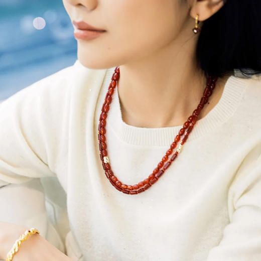 ELOANE GALLERY落岸 双层红玛瑙点缀不规则金属串珠项链ORIENT红韵系列 商品图1