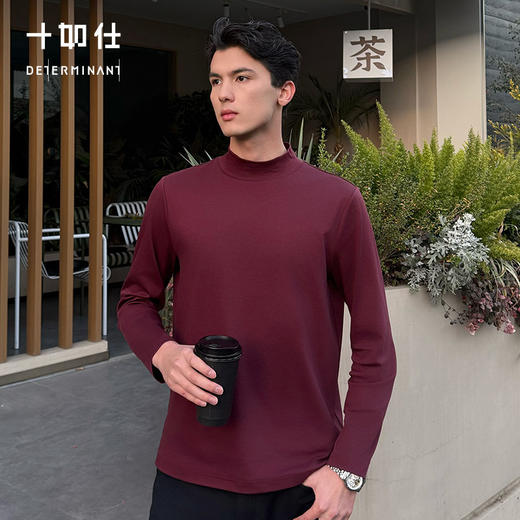 十如仕男女亲子家庭新年衣服酒红色半高领高领长袖T恤100%纯棉T04-02 商品图0