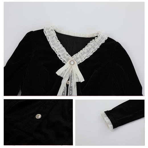 司歌丝绒弹力v领长袖上衣收腰秋冬B921280X 商品图2