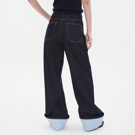 Herlian2025年秋季新品女士牛仔裤裤脚拼接格纹原牛色宽松休闲裤 商品图3