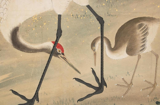 独角鹿西洋古董19世纪日本明治时期出品「劲松群鹤」主题纸本设色洒金六曲屏风 商品图7