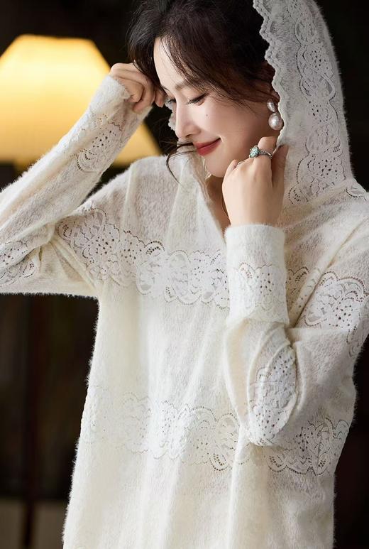 冬日里白月光绝美天使打底法式植绒蕾丝帽衫 商品图0