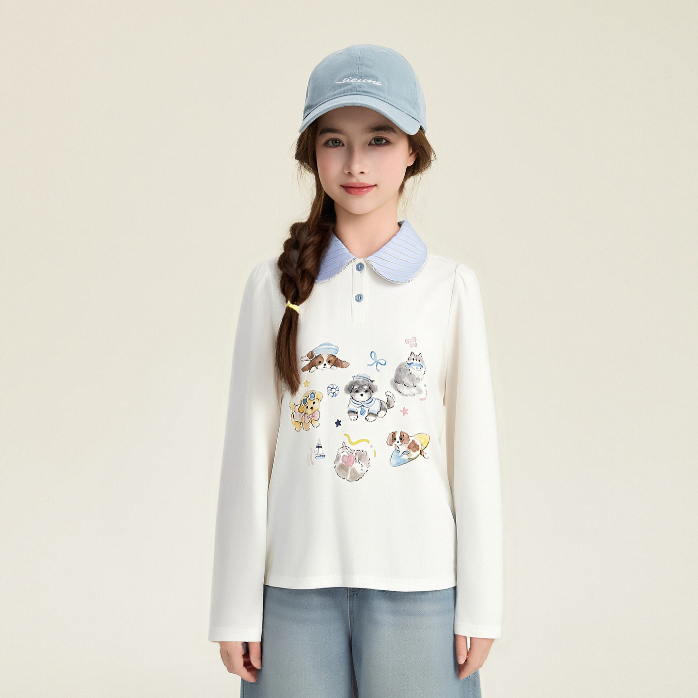 笛莎Deesha 童装女童T恤2026春新款甜美翻领萌宠印花T恤