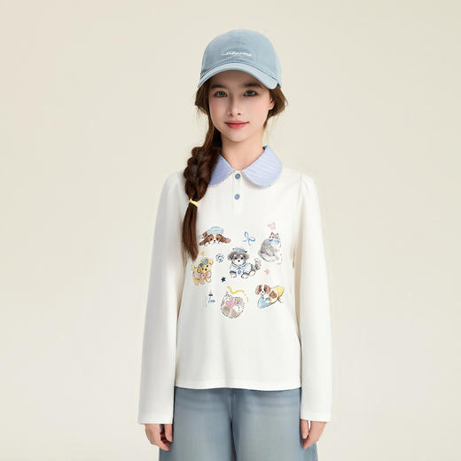 笛莎Deesha 童装女童T恤2026春新款甜美翻领萌宠印花T恤 商品图0