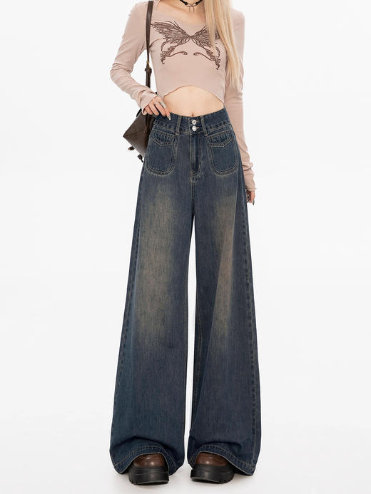 【修腿塑形日常好穿❗️简约大气轻松驾驭】水泥灰高腰阔腿牛仔裤女春秋新款胖mm大码设计感宽松显瘦直筒裤子。jb 商品图3