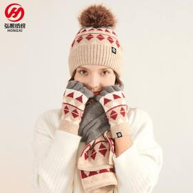 冬季新品日系针织手套围巾帽子三件套羊毛保暖防寒毛球围巾三件套