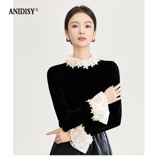 2026春装法式浪漫高贵洋气四方立绒衬衫蕾丝花瓣领上装 商品图0