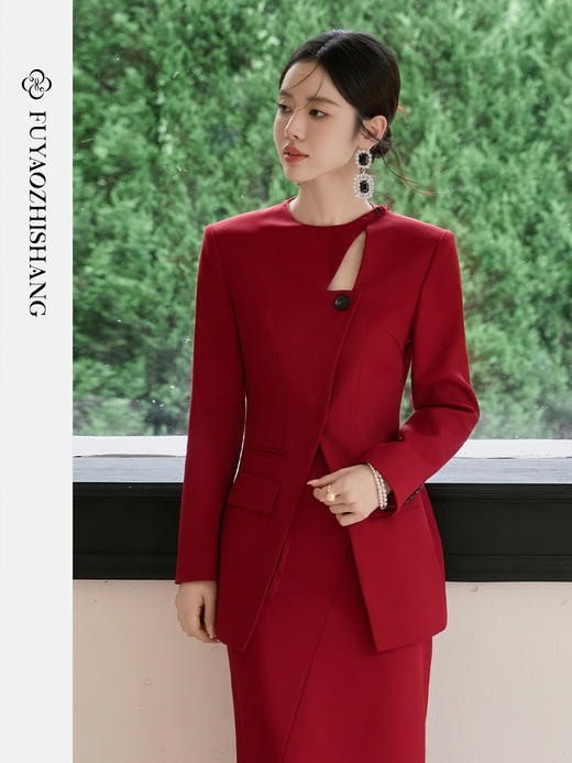 IWY/扶摇系列 羊毛西装外套女红色国风设计感西服镂空领中长款上衣冬FYCS707 商品图0