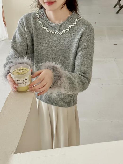 青乔慕染重工钉珠设计感毛毛袖口羊毛混纺毛衣N1404 商品图1