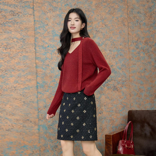 奢姿大码女装2025冬季胖妹妹时尚V领针织衫气质碎花半身裙两件套9954470625AB 商品图1