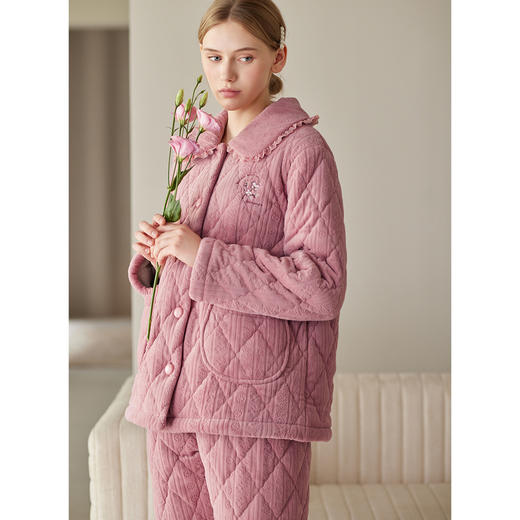 芬腾睡衣女冬季三层加厚珊瑚绒夹棉套装女款加绒抗静电家居服棉袄 商品图2