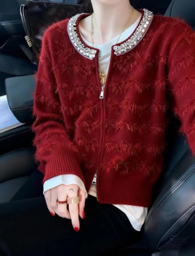 青乔慕染&财阀千金亮片领流苏双拉链毛衣N1376