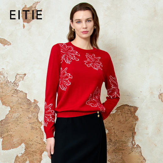 EITIE爱特爱2025春季新款时尚休闲宽松印花圆领舒适显瘦针织衫毛衣8101801 商品图0