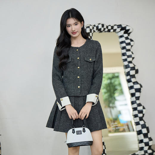 奢姿大码女装2025冬季小香风圆领套装胖妹妹时尚通勤百褶两件套装9954953885 商品图4