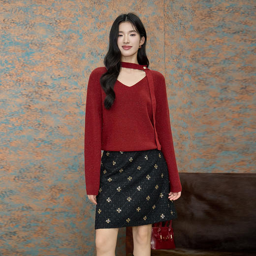 奢姿大码女装2025冬季胖妹妹时尚V领针织衫气质碎花半身裙两件套9954470625AB 商品图4