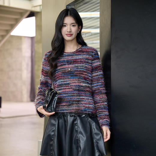 奢姿大码女装2025冬季时尚彩条流苏边针织衫胖妹妹气质减龄上衣9954235249 商品图1