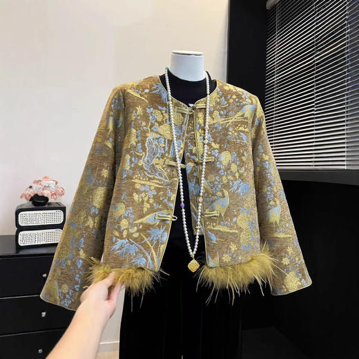 新中式【国潮美衣！高奢马甲】高质感气质毛毛加棉马甲 高奢国风提花女上衣 国风高奢外穿马甲 潮复古提花国风夹棉外套 商品图1